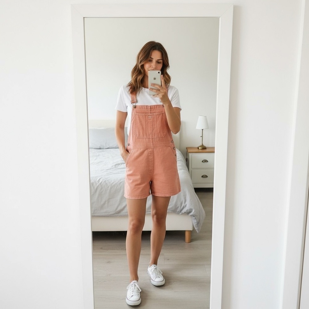 Vintage Y2K pink orange overalls cotton shortalls hipster 90s hip hop baggy XL